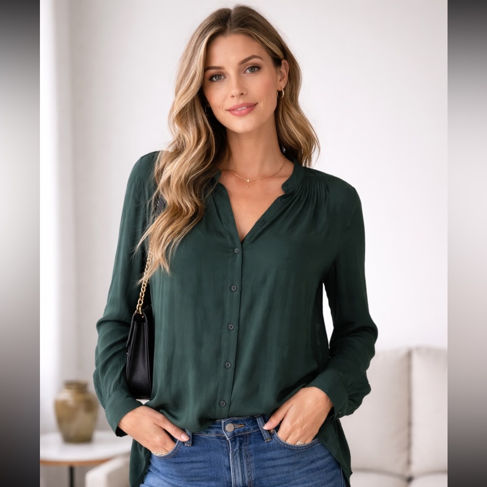 Babaton Forest Green Brooks Blouse lightweight size Large‎ 100% Modal high low